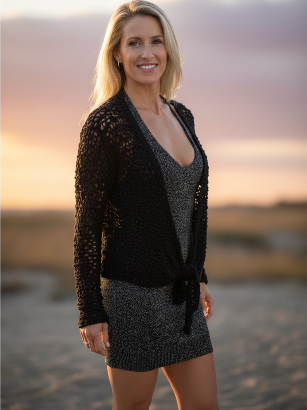 Kaktus Black Open Knit Tie-Front Cardigan Shrug Size Large